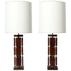 Retro Pair of Sculptural Walnut and Brass Mid-Century Modern Lamps