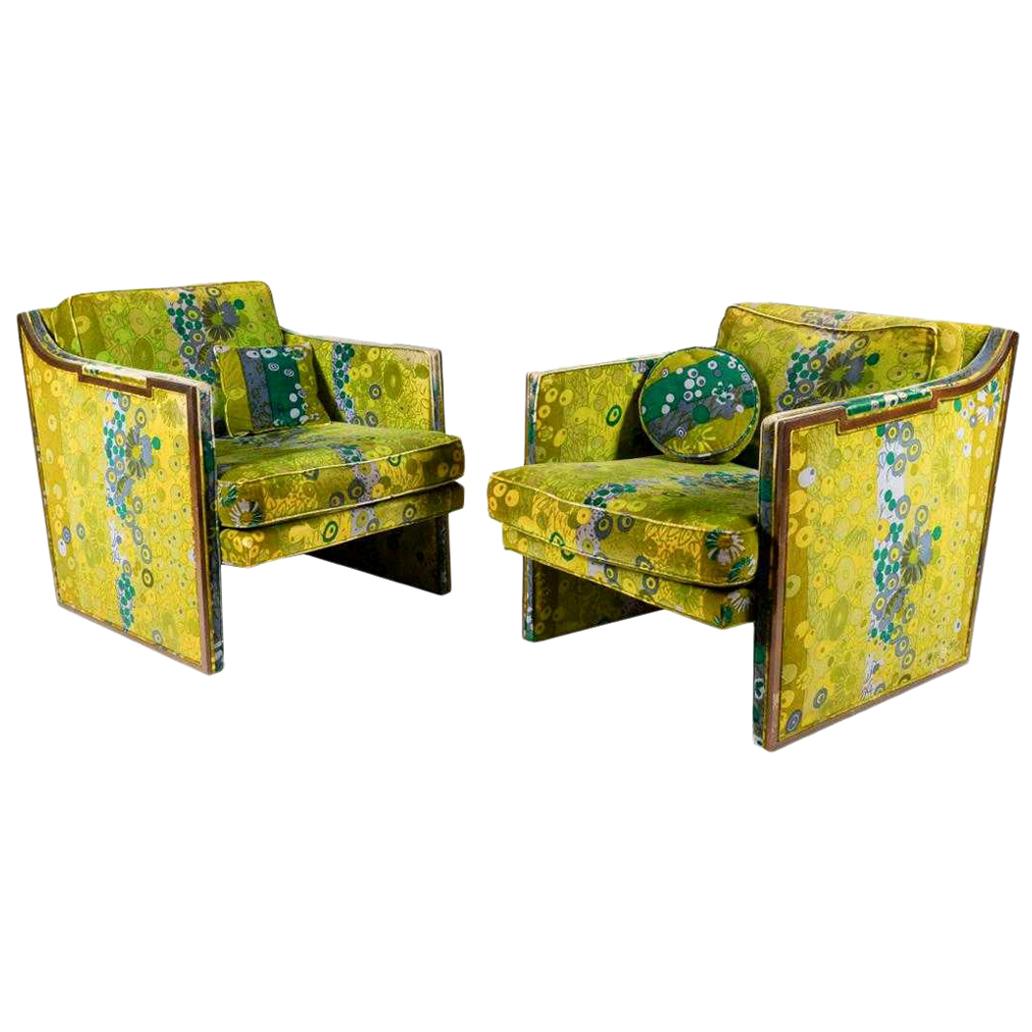 Pair of Sculptural Walnut Lounge Chairs with Jack Larsen Fabric