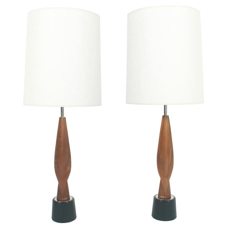 Pair of Sculptural Wood and Nickel Plated Lamps by Laurel