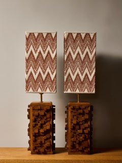 Pair of Sculptural Wood Table Lamps with Geometric Shades