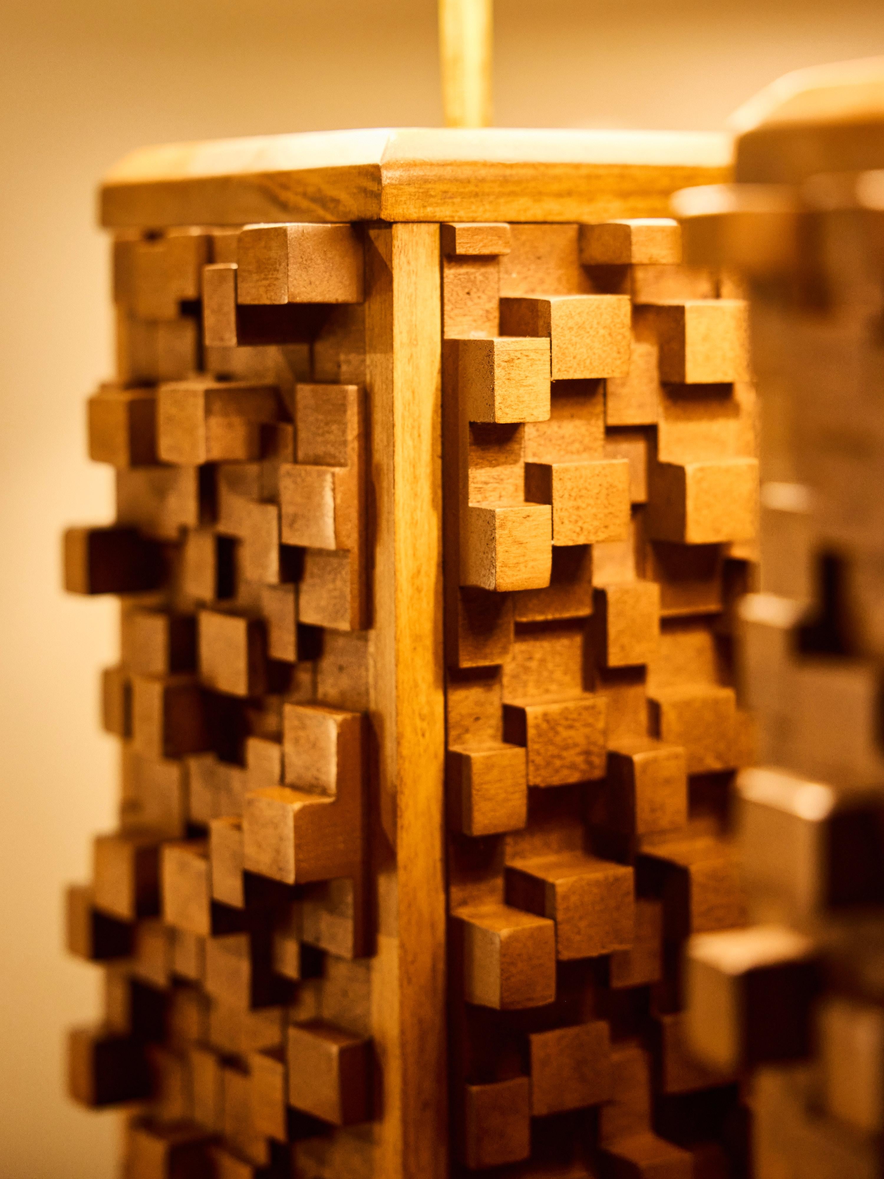 Pair of Sculptural Wood Table Lamps with Geometric Shades im Angebot 2