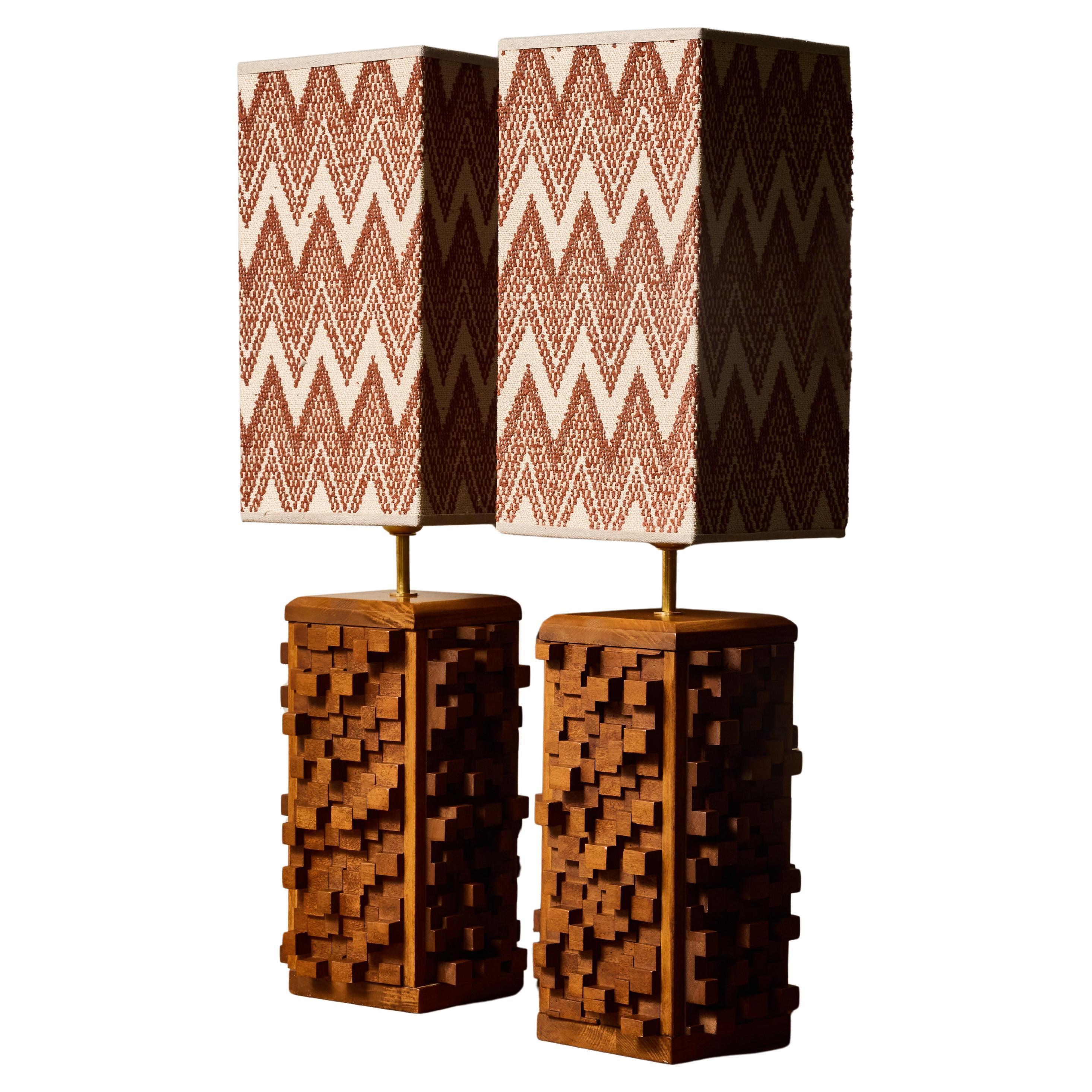 Pair of Sculptural Wood Table Lamps with Geometric Shades