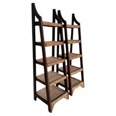 Pair of Sculptural Wooden Étagère Shelves with Woven Rush Shelves