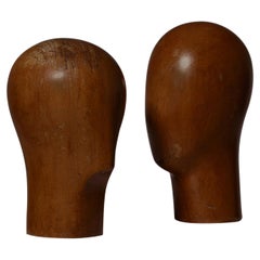 Vintage Pair of Sculptural Wooden Heads