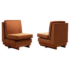 Pair of Sculptural Wooden Lounge Chairs with Cognac Upholstery, Europe 1970s
