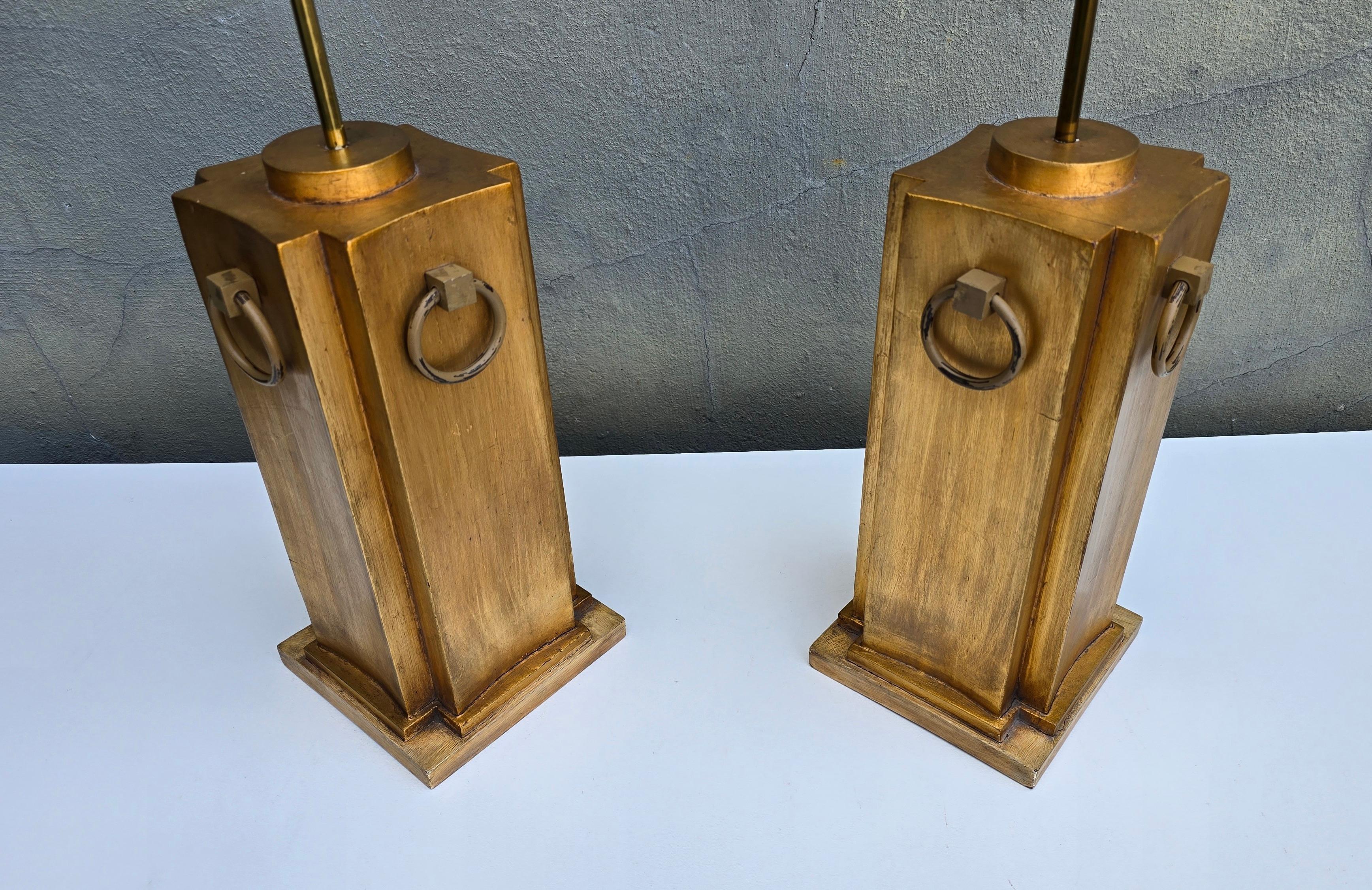 Gilt Pair of Sculptural Wooden Table Lamps For Sale