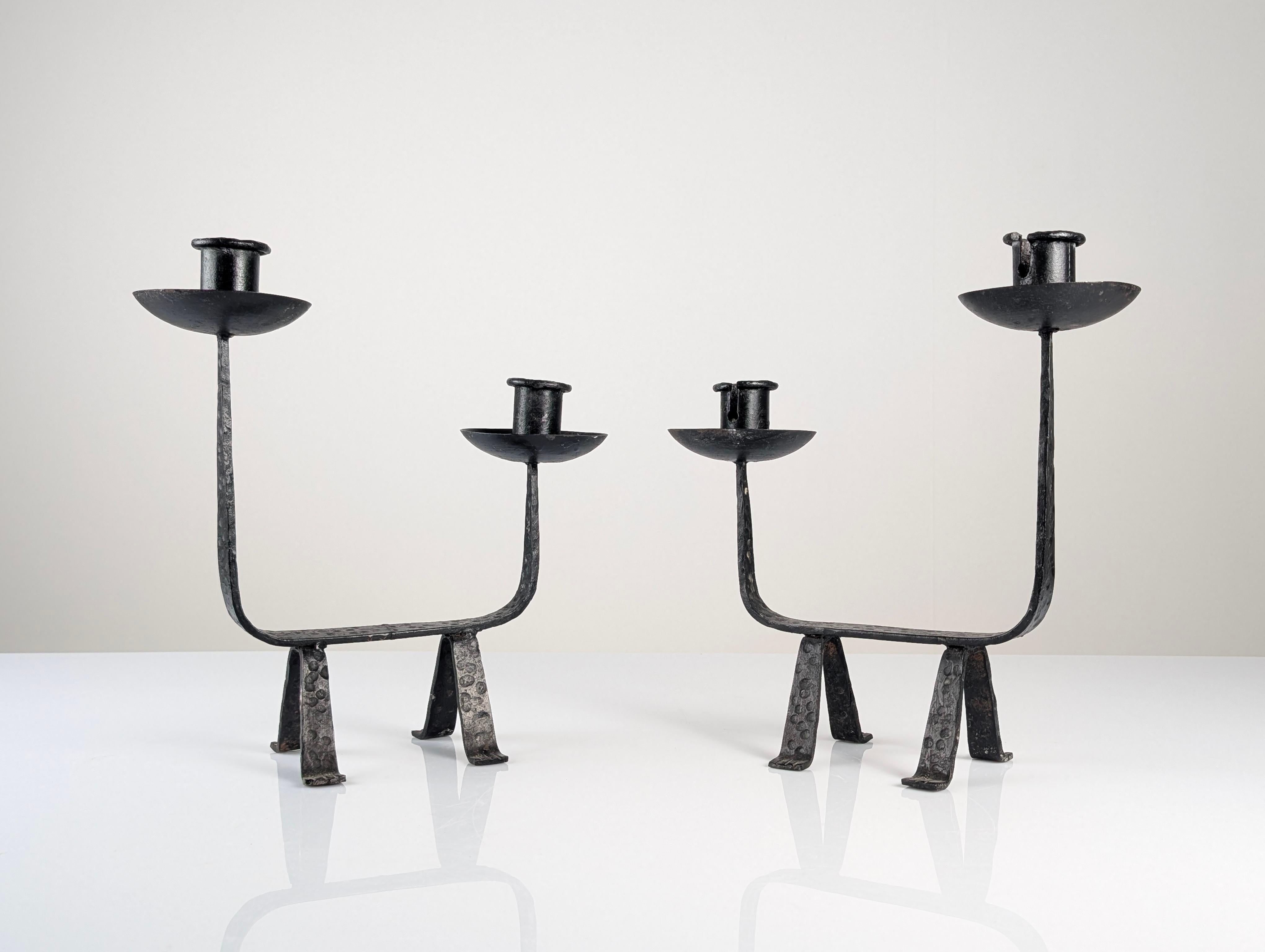 Mid-Century Modern Pair of Sculptural Wrought Iron Candleholders, 1950s For Sale