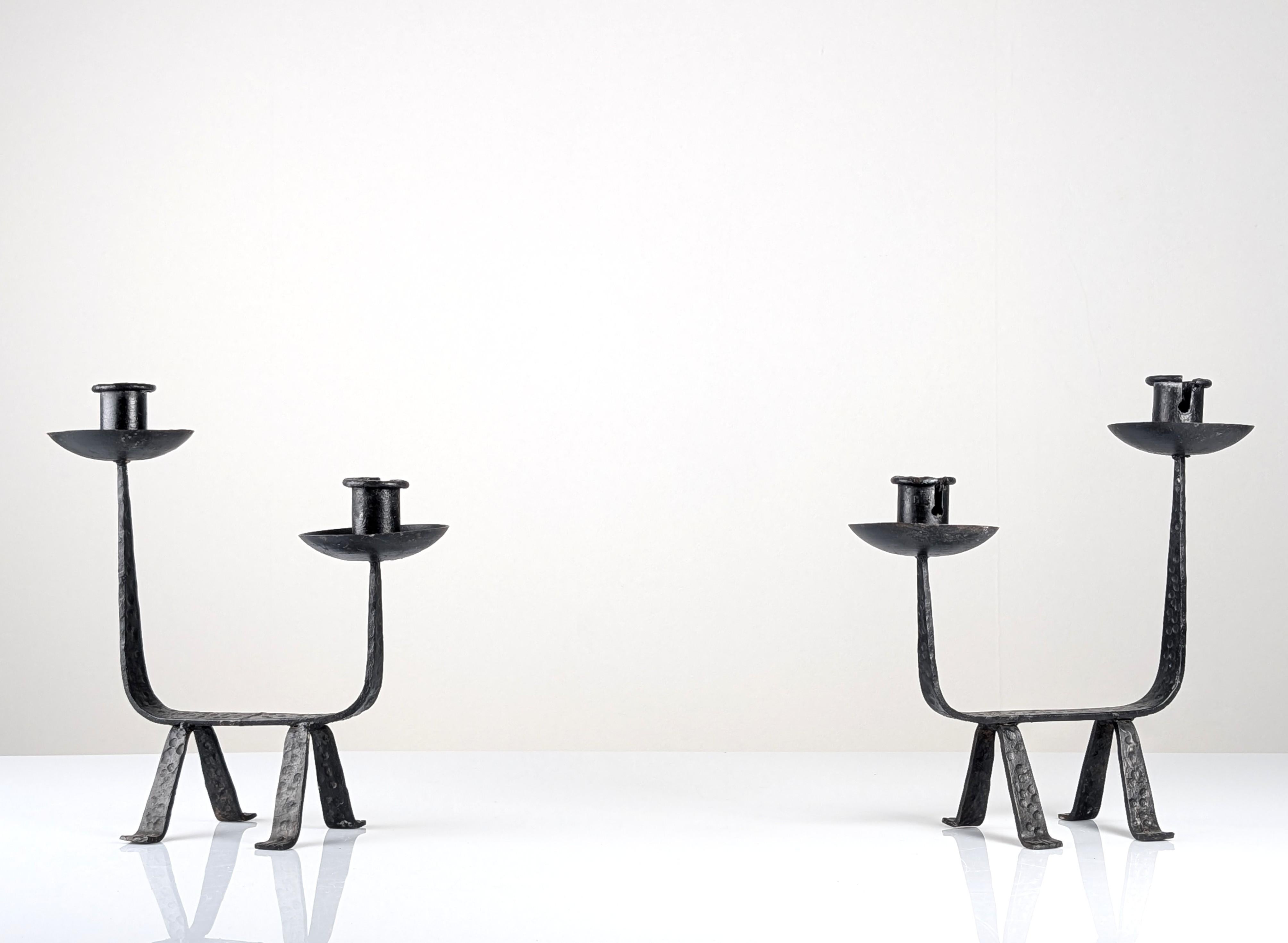 European Pair of Sculptural Wrought Iron Candleholders, 1950s For Sale