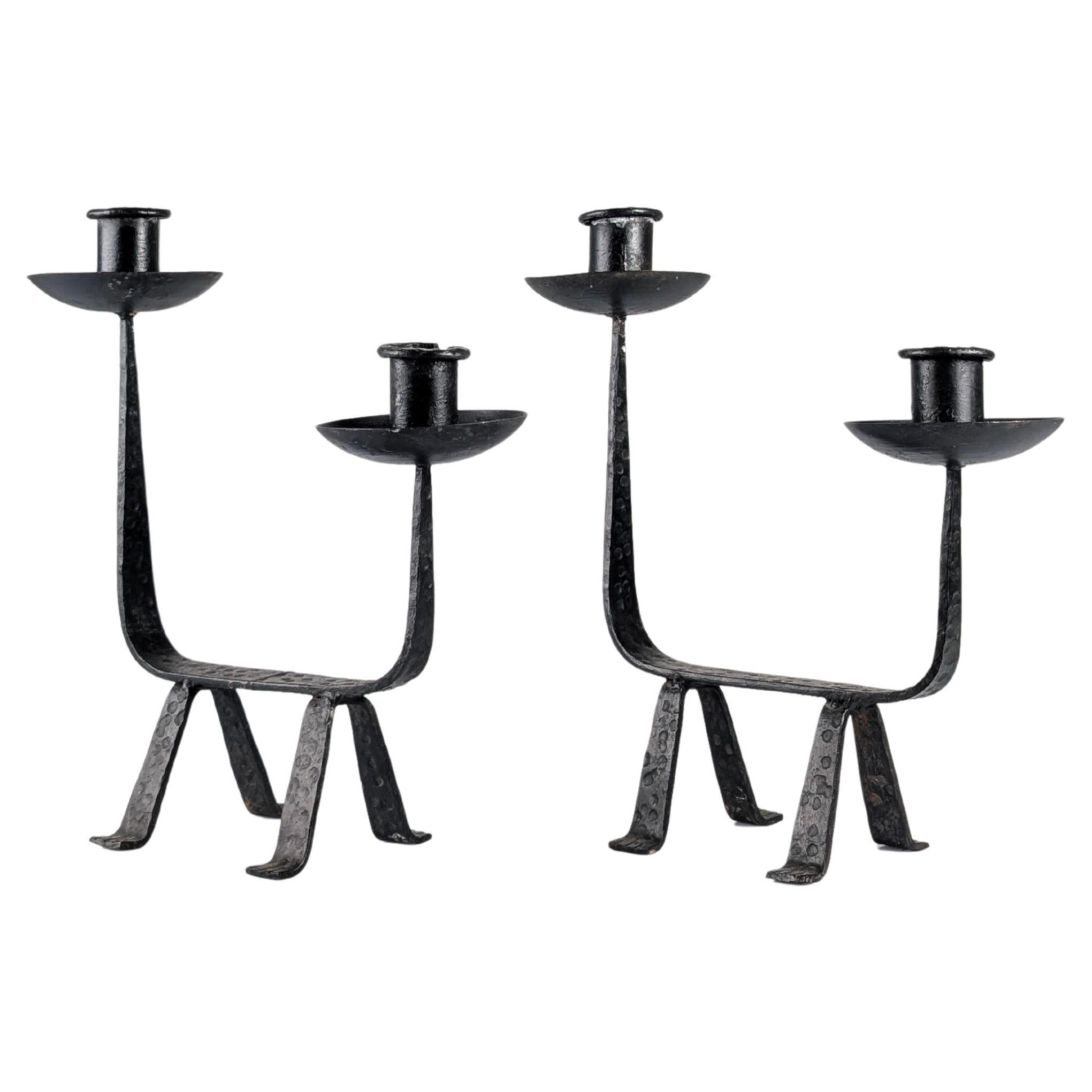 Pair of Sculptural Wrought Iron Candleholders, 1950s