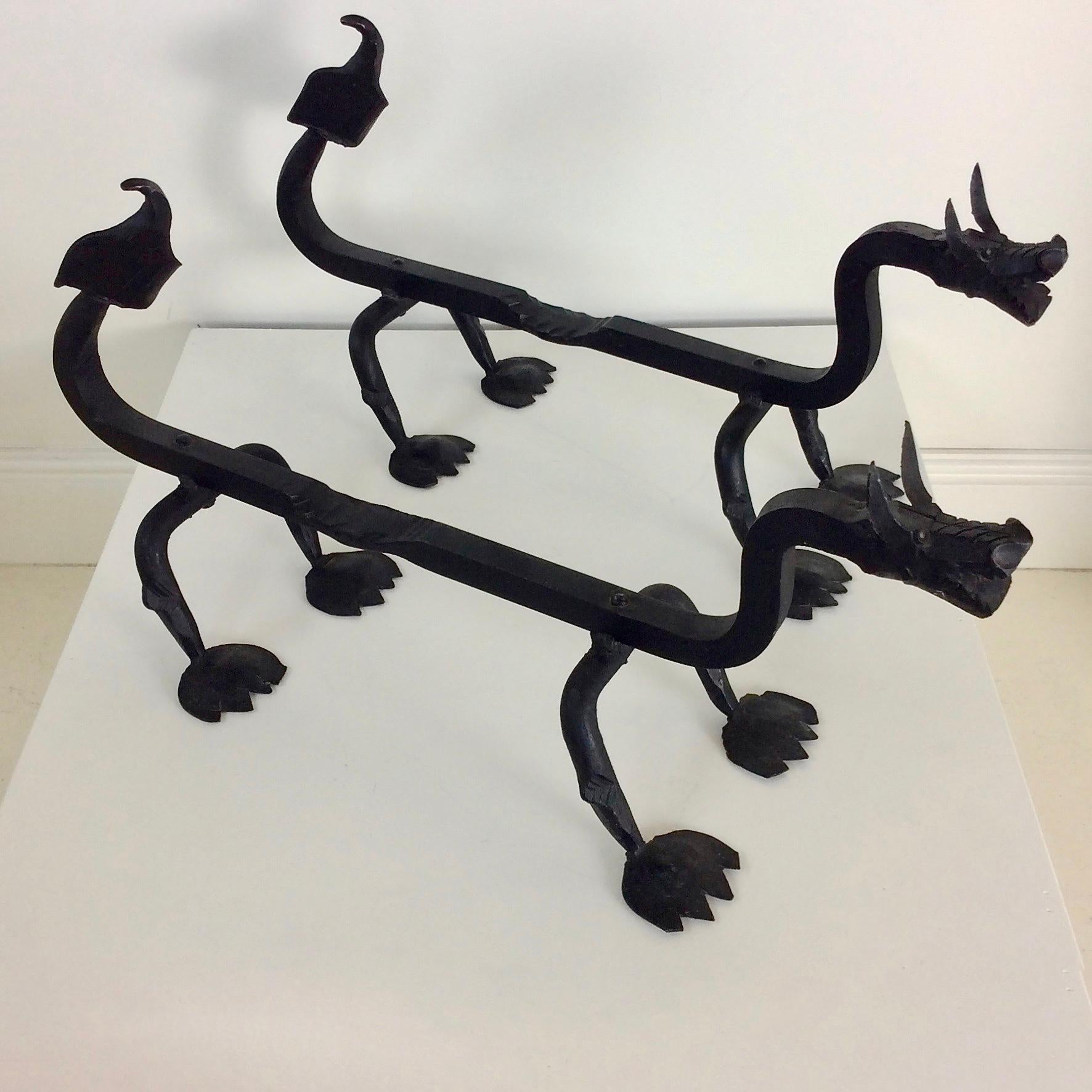 Sculptural Wrought Iron Pair Of Dragons Andirons, circa 1910. 5