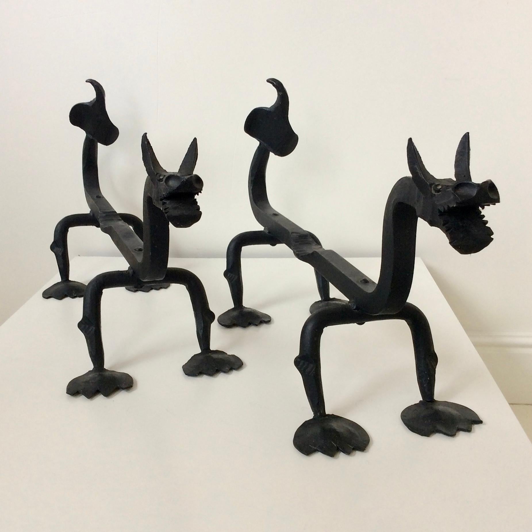 Sculptural Wrought Iron Pair Of Dragons Andirons, circa 1910. 6