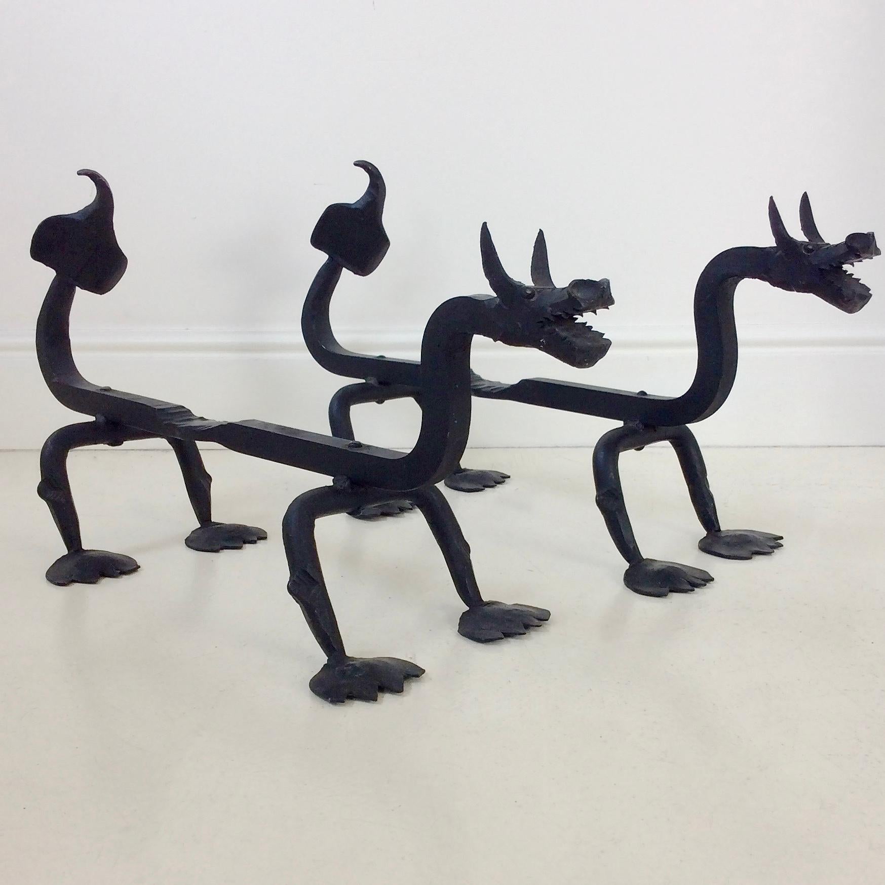 Pair of sculptural Arts and Crafts andirons, circa 1910, United States.
Wrought iron.
Dimensions: 57 cm D, 18 cm W, 29 cm H.
Good condition.
All purchases are covered by our Buyer Protection Guarantee.
This item can be returned within 7 days of