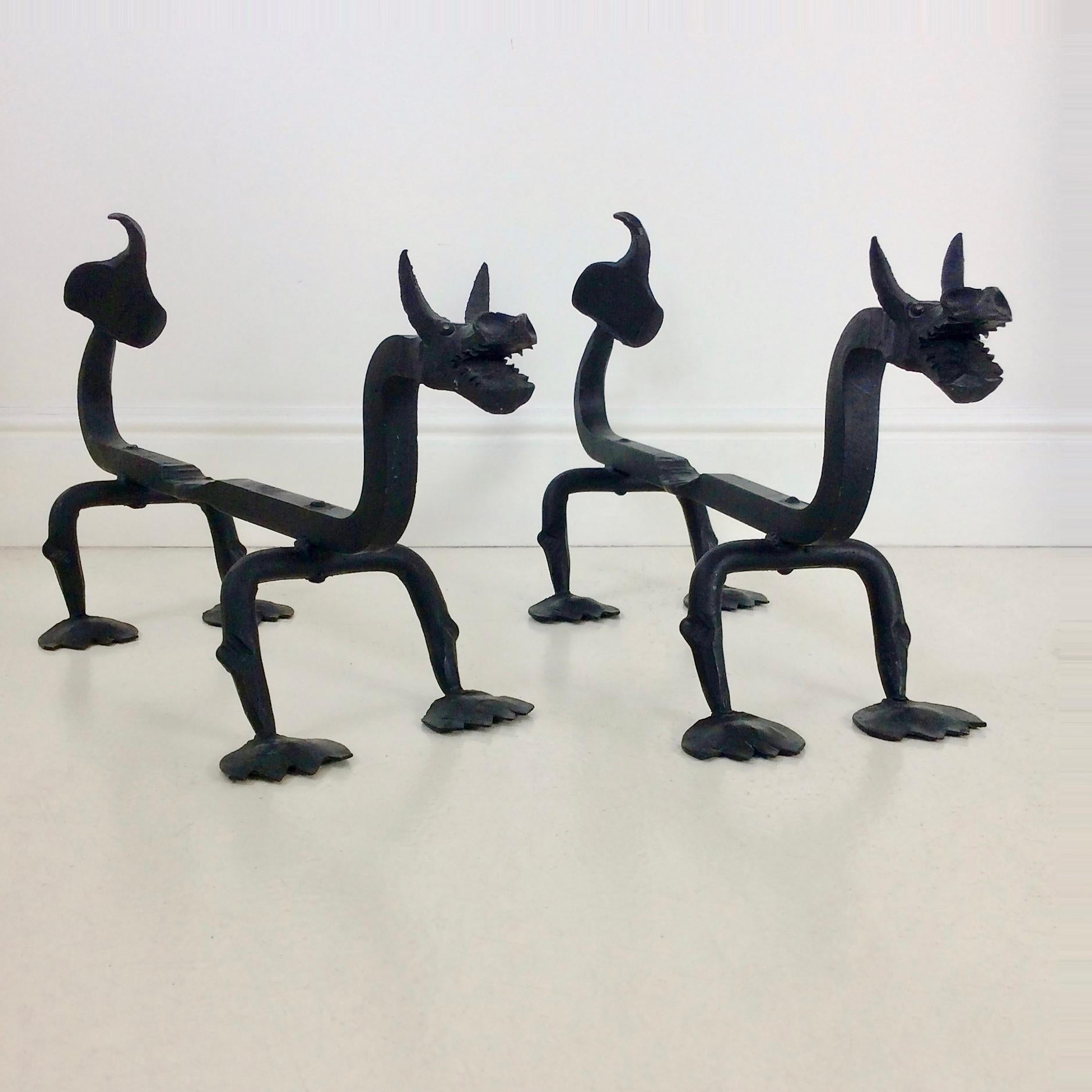 Sculptural Wrought Iron Pair Of Dragons Andirons, circa 1910. 2