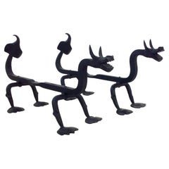 Sculptural Wrought Iron Pair Of Dragons Andirons, circa 1910.