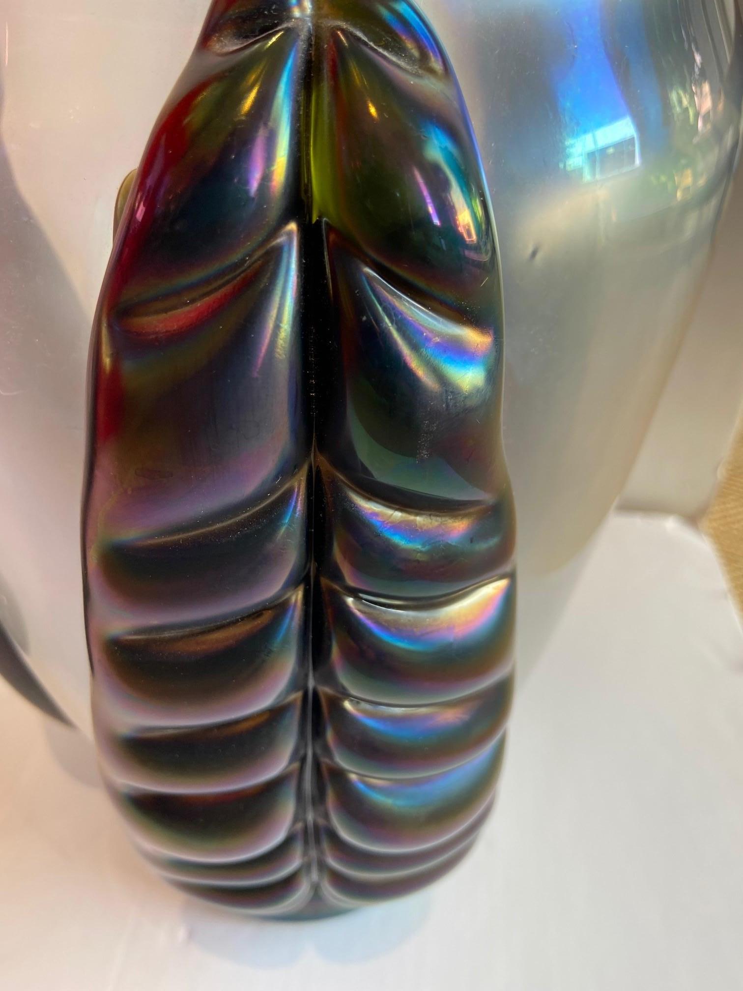 Mid-Century Modern Pair of Sculpture Iridescent Murano Glass Vases Signed by Costantini For Sale