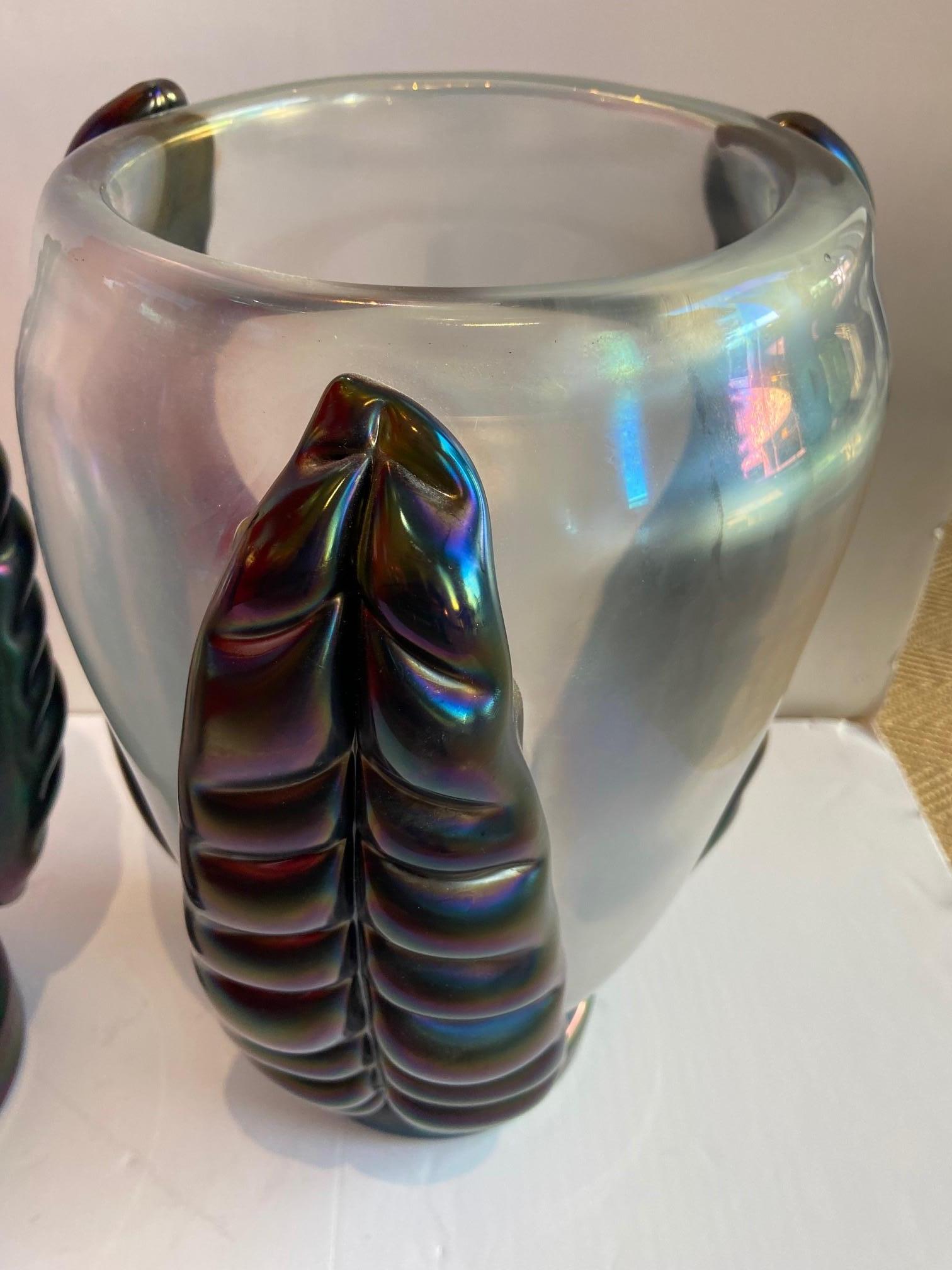 Italian Pair of Sculpture Iridescent Murano Glass Vases Signed by Costantini For Sale