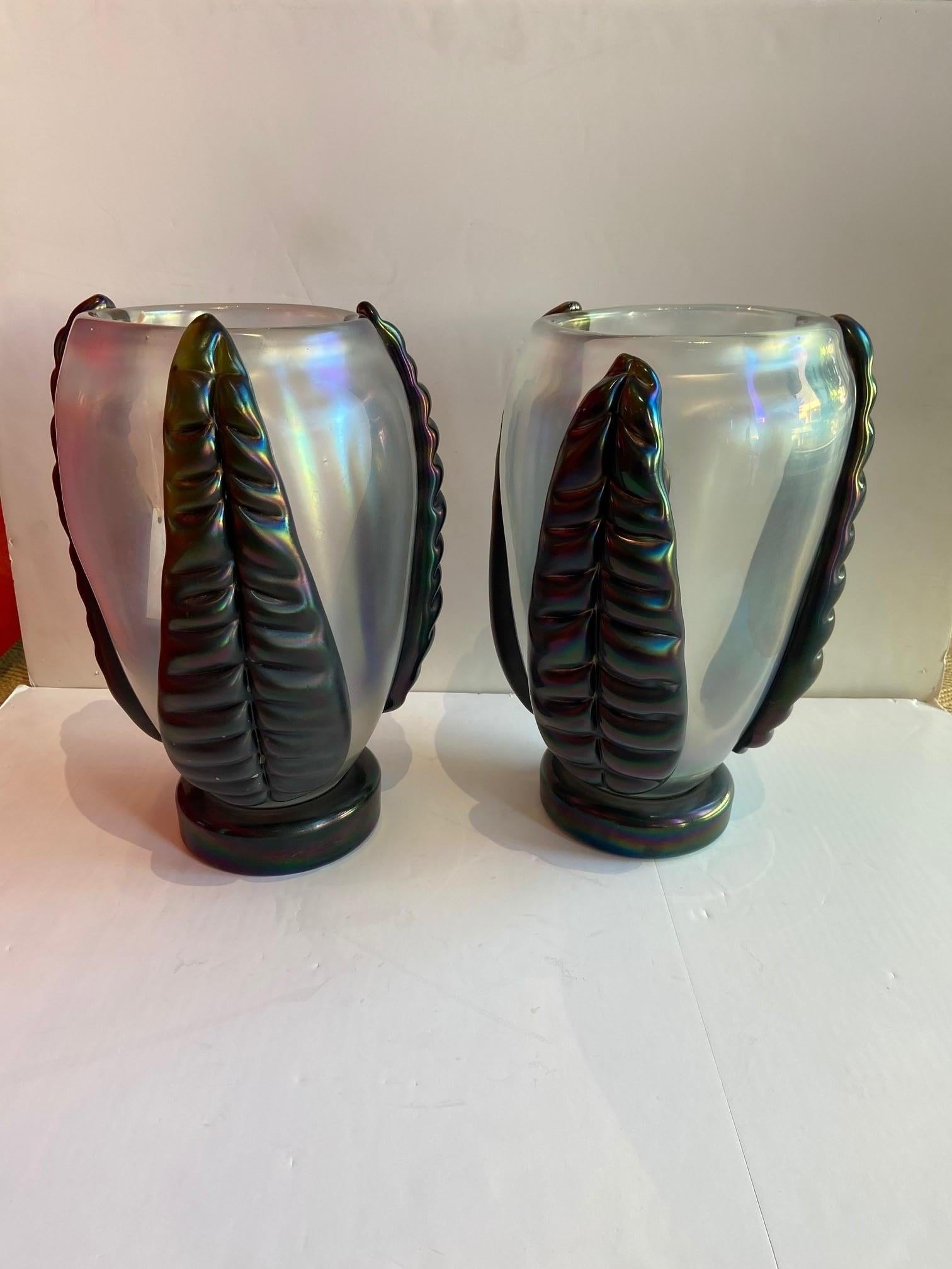 20th Century Pair of Sculpture Iridescent Murano Glass Vases Signed by Costantini For Sale