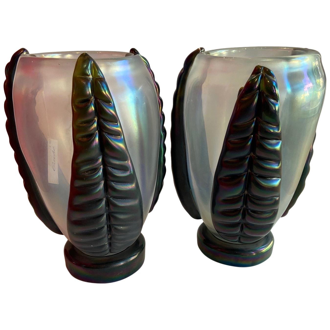 Pair of Sculpture Iridescent Murano Glass Vases Signed by Costantini