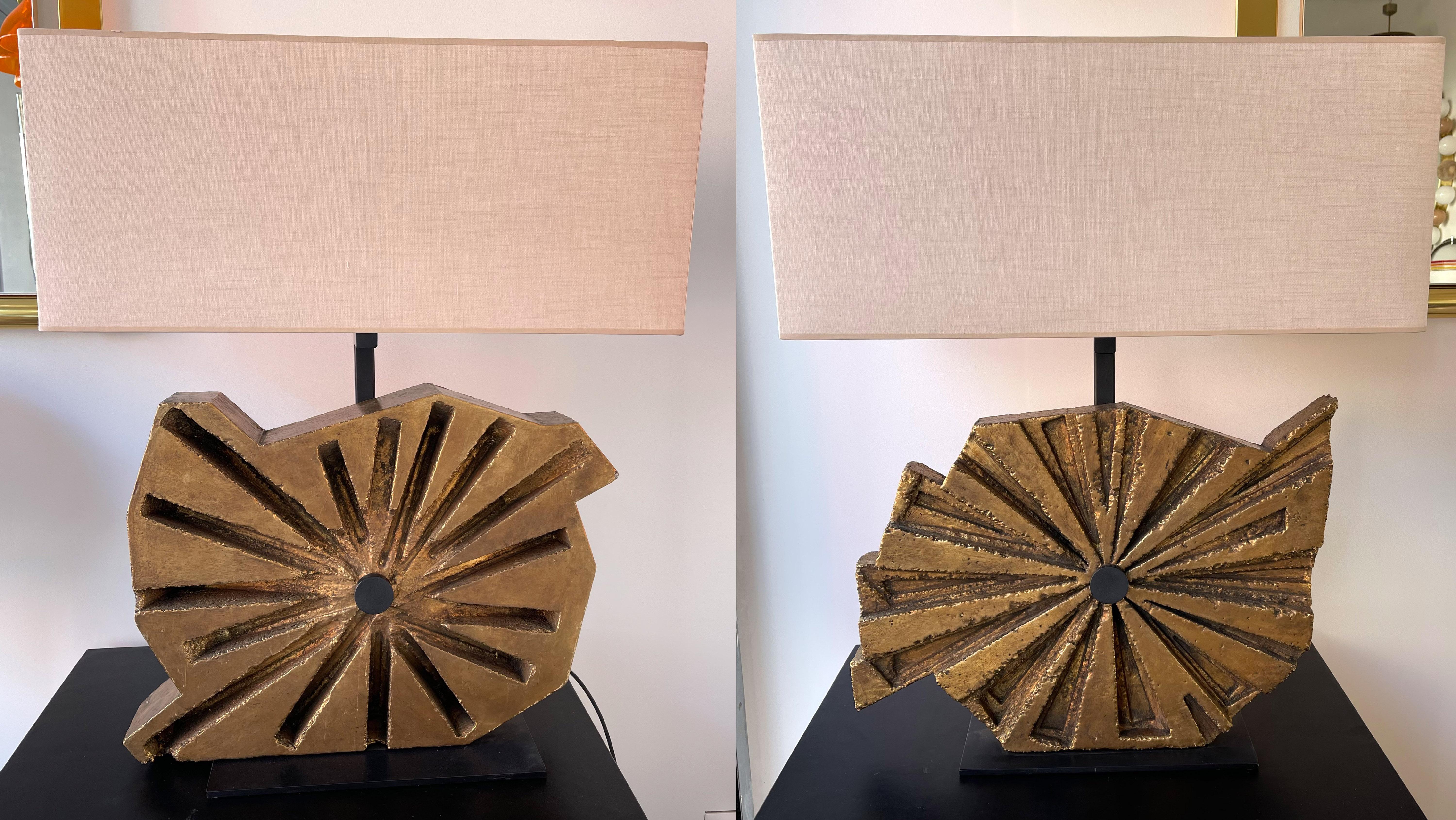 Pair of Sculpture Lamps Gilt Concrete by Massimo Lunari, Italy, 1970s 6