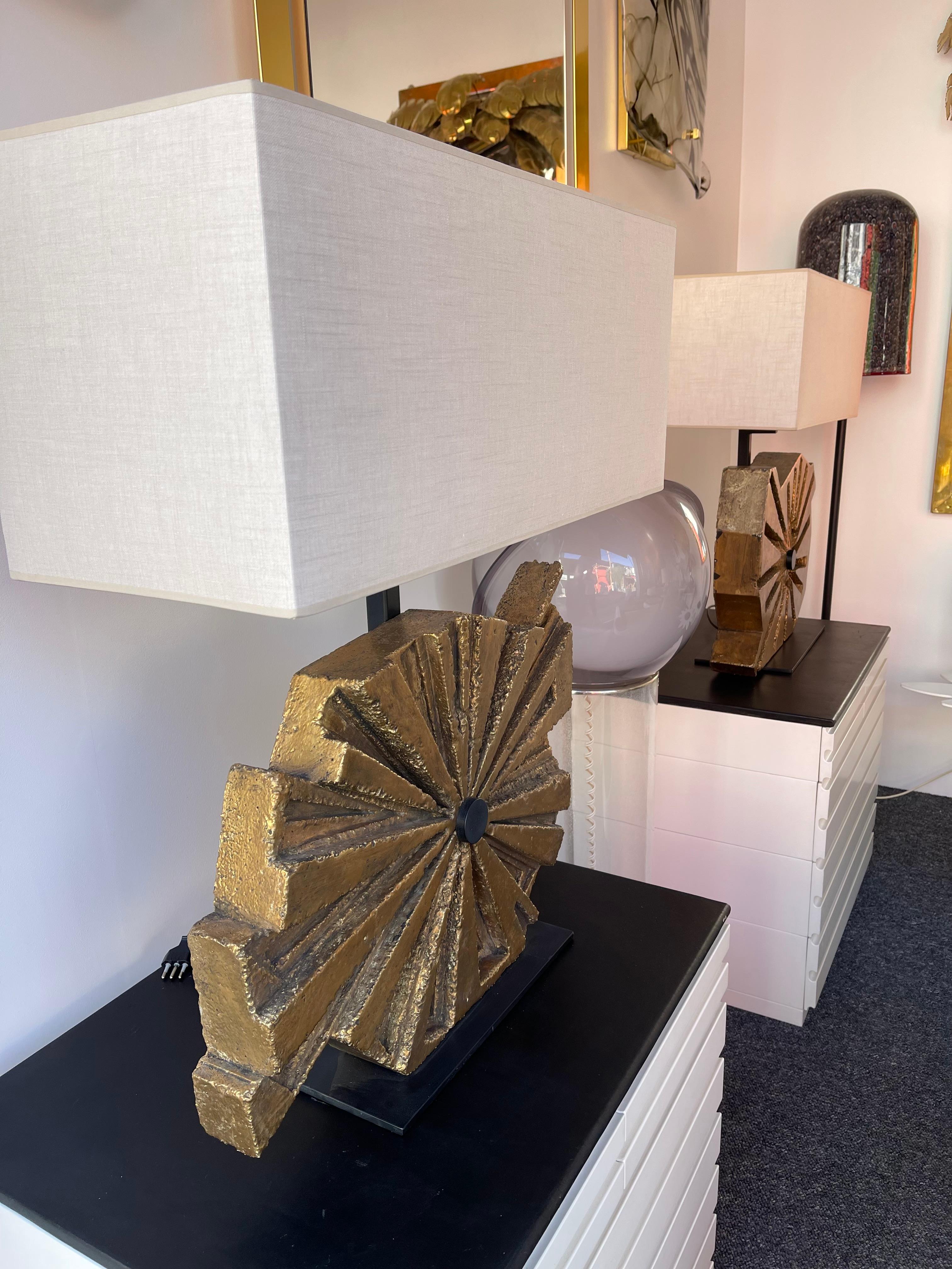 Pair of Sculpture Lamps Gilt Concrete by Massimo Lunari, Italy, 1970s 8