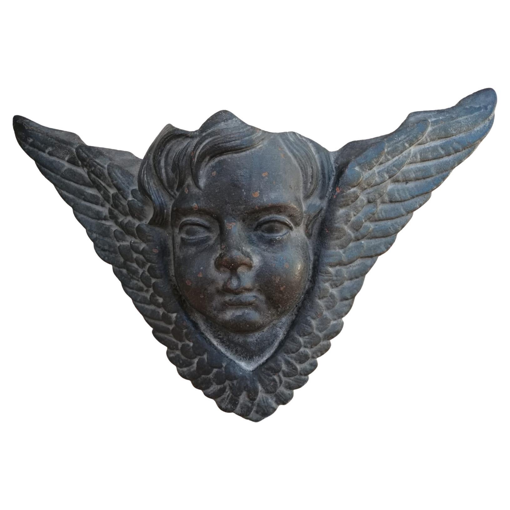 Pair of Sculpture Winged Angel Heads in Cast Iron for Wall For Sale 2
