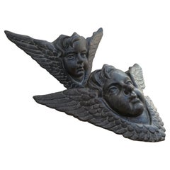 Pair of Sculpture Winged Angel Heads in Cast Iron for Wall
