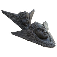 Vintage Pair of Sculpture Winged Angel Heads in Cast Iron for Wall