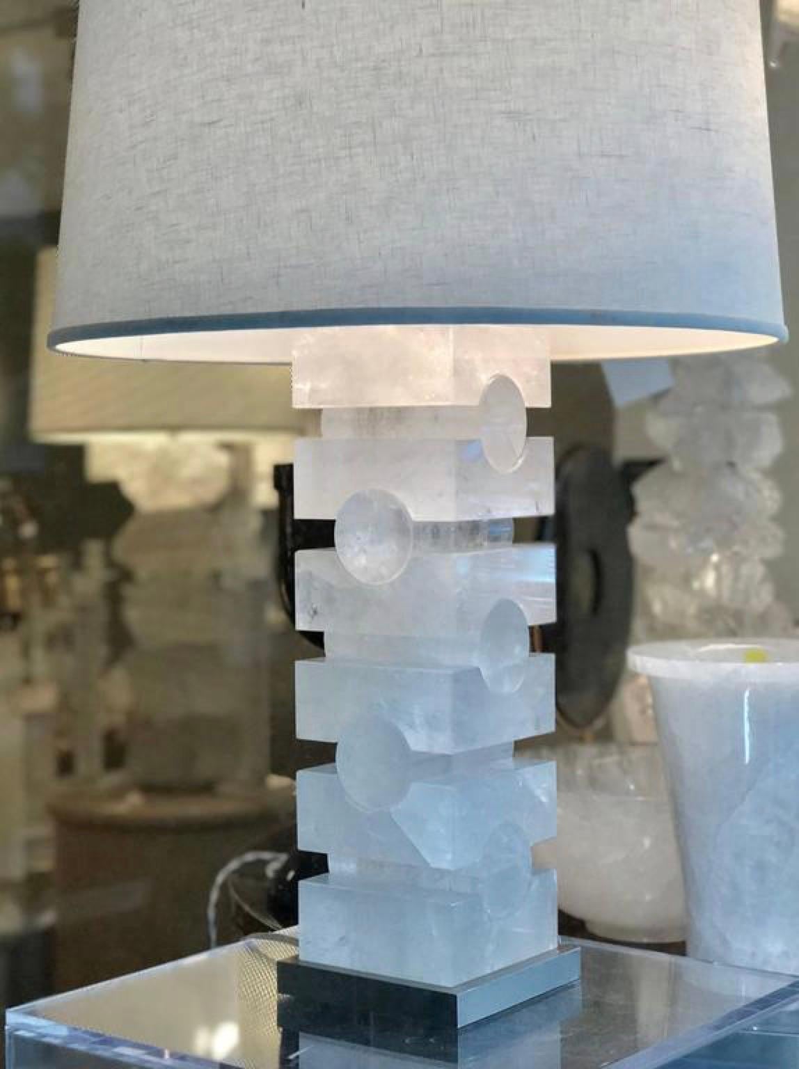 Contemporary Pair of Sculptured Rock Crystal Quartz Lamps For Sale