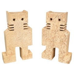 Vintage Pair of Sculptures Bookends Cats in Travertine Fratelli Mannelli, Italy 1970s