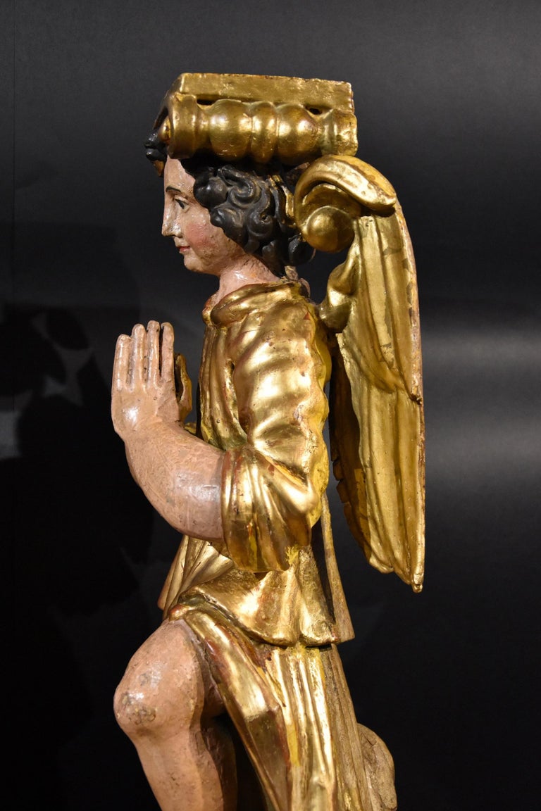 Pair Sculptures Winged Angels Wood Tuscany 17/18th Century Old master Gold Art  For Sale 6