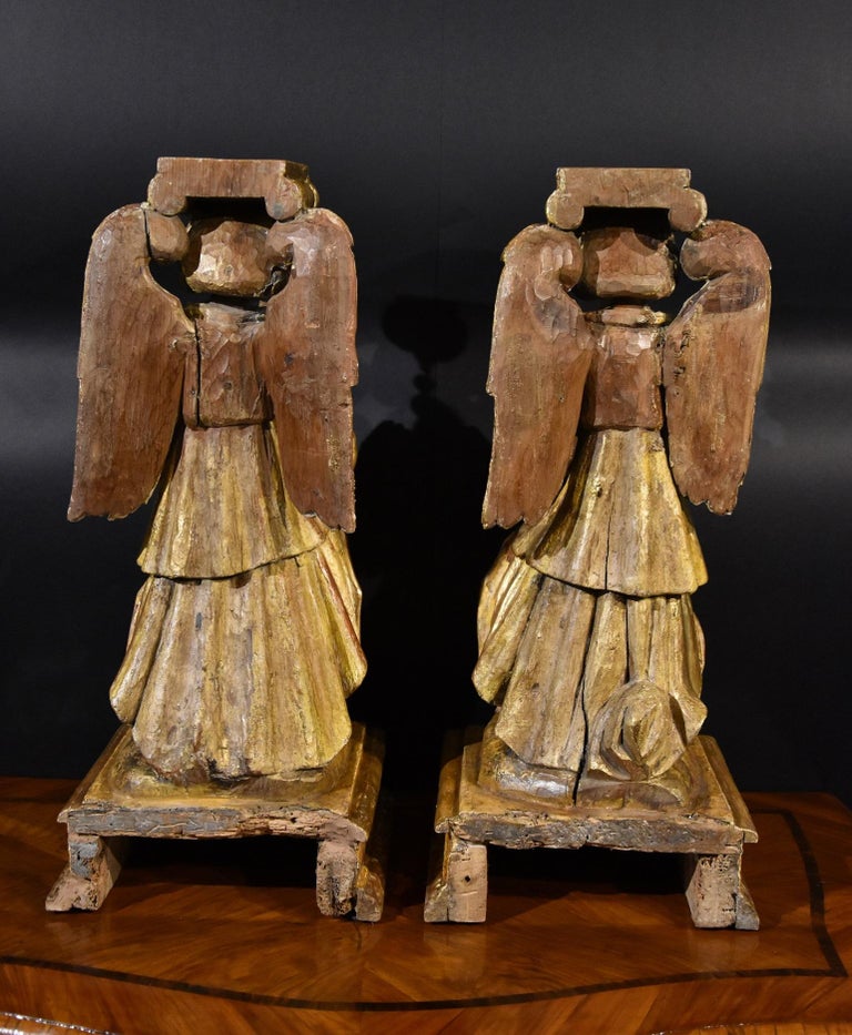 Pair Sculptures Winged Angels Wood Tuscany 17/18th Century Old master Gold Art  For Sale 8