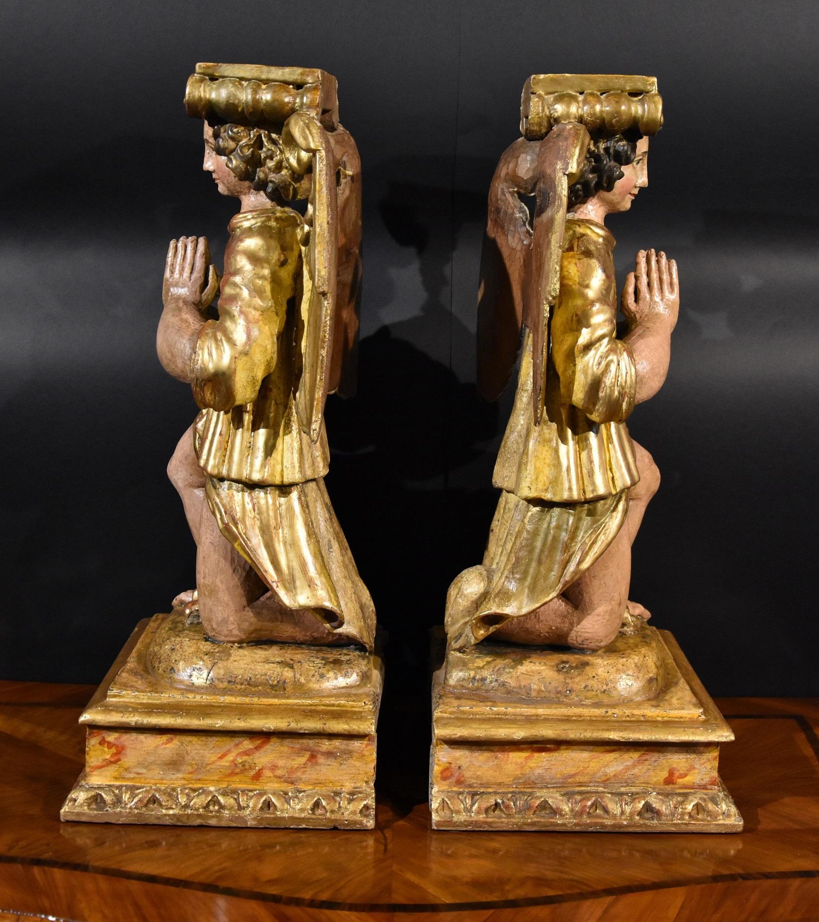 Pair Sculptures Winged Angels Wood Tuscany 17/18th Century Old master Gold Art  For Sale 8