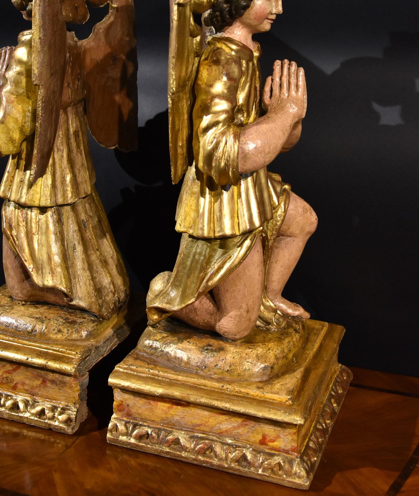Pair Sculptures Winged Angels Wood Tuscany 17/18th Century Old master Gold Art  For Sale 9