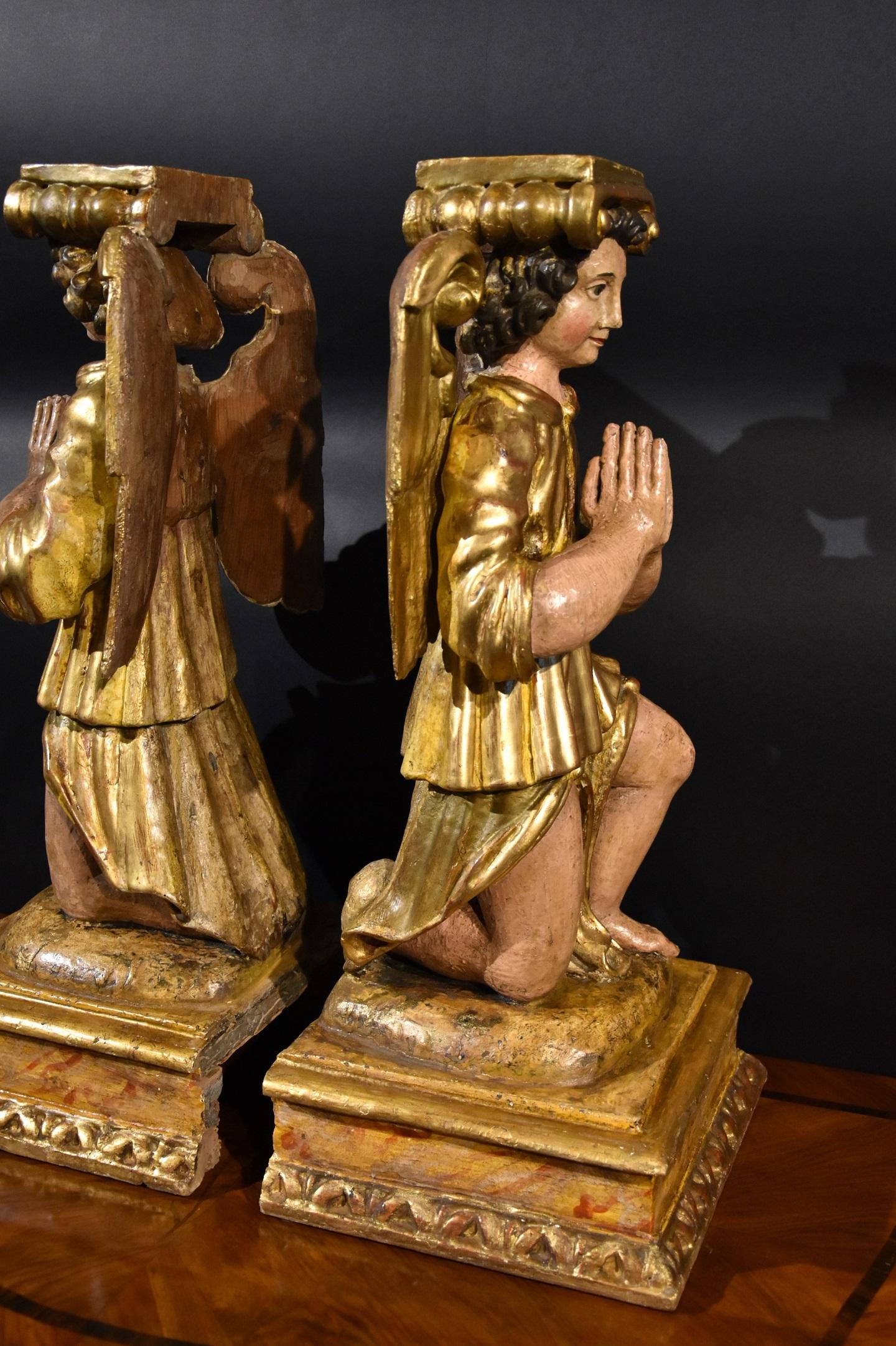 Pair Sculptures Winged Angels Wood Tuscany 17/18th Century Old master Gold Art  For Sale 10