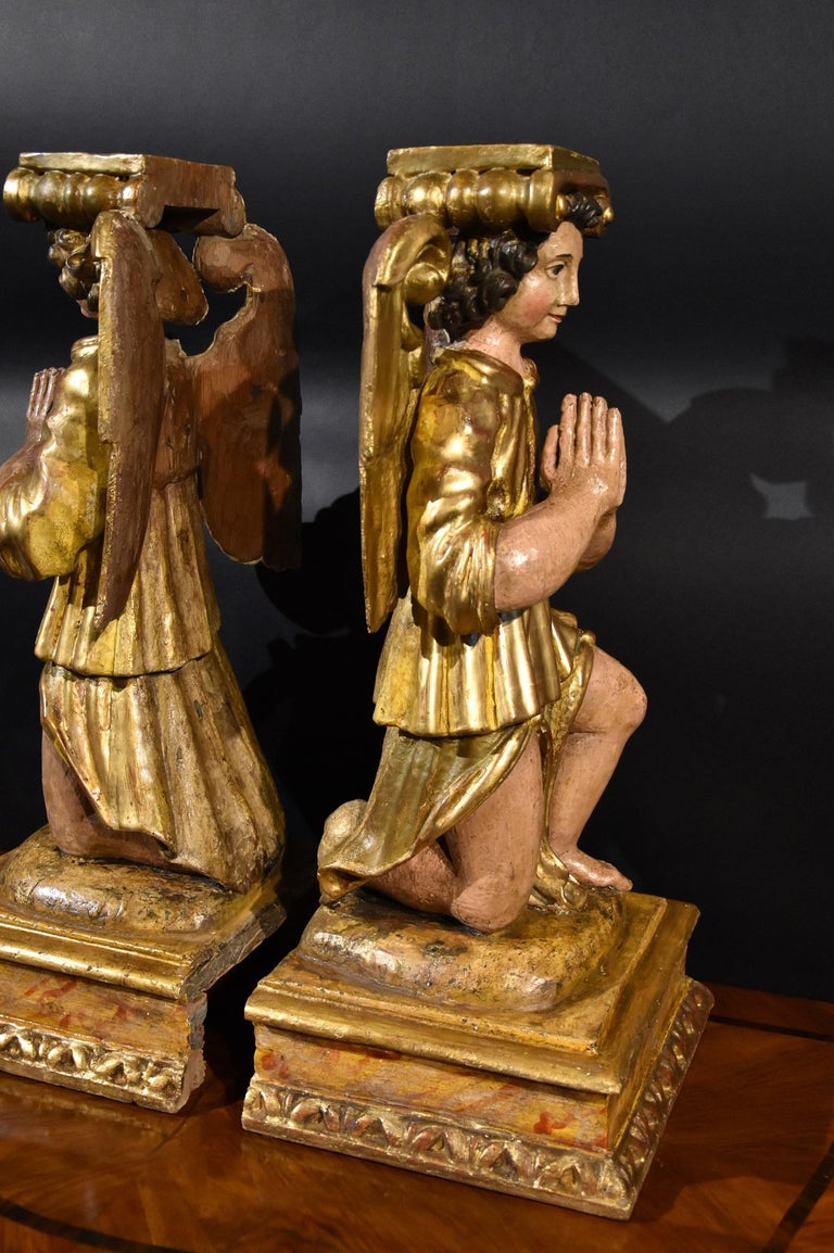 Pair Sculptures Winged Angels Wood Tuscany 17/18th Century Old master Gold Art  For Sale 11