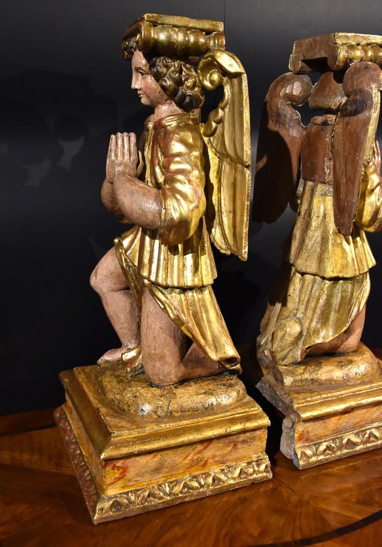 Pair Sculptures Winged Angels Wood Tuscany 17/18th Century Old master Gold Art  For Sale 12