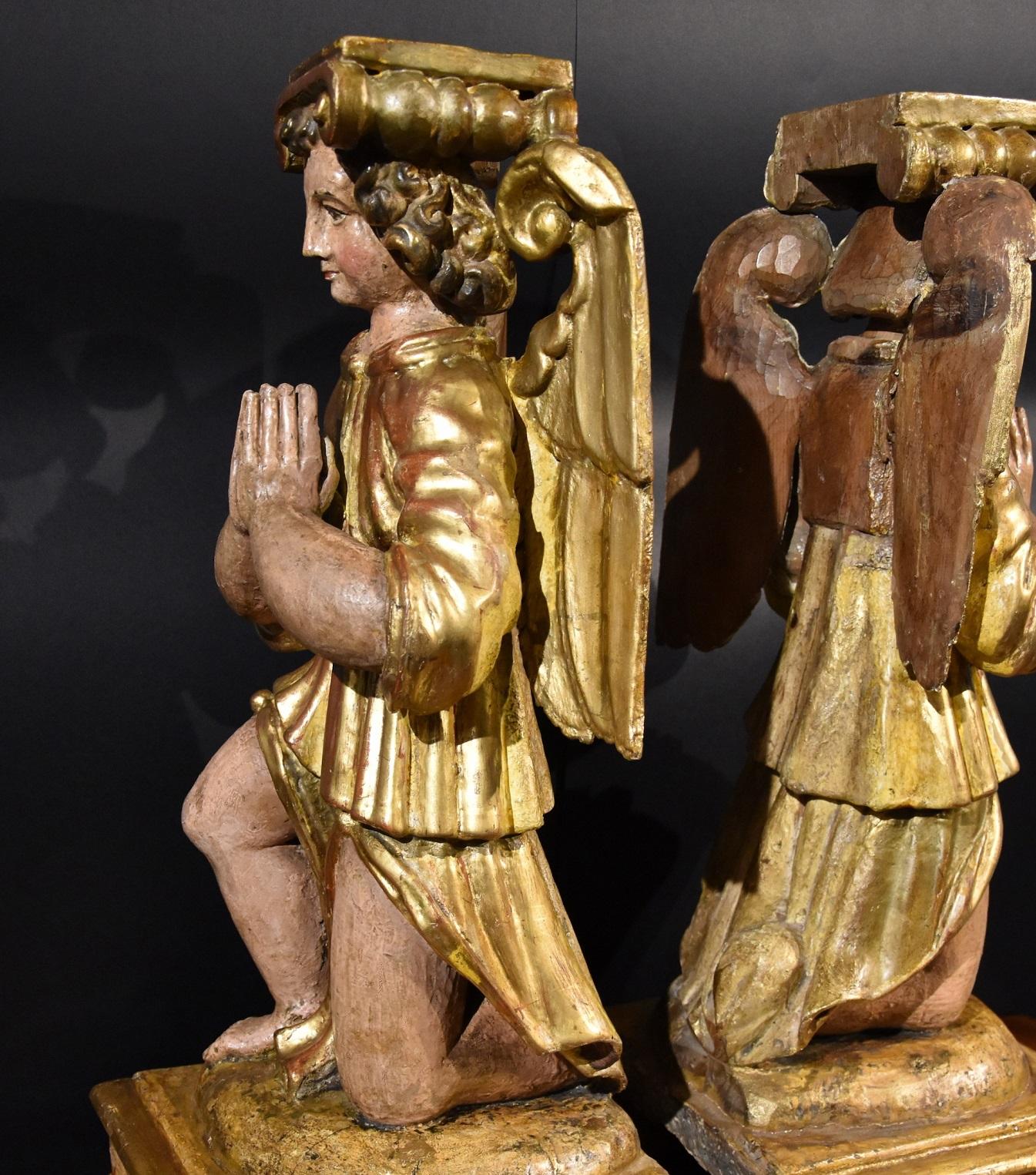 Pair Sculptures Winged Angels Wood Tuscany 17/18th Century Old master Gold Art  For Sale 12