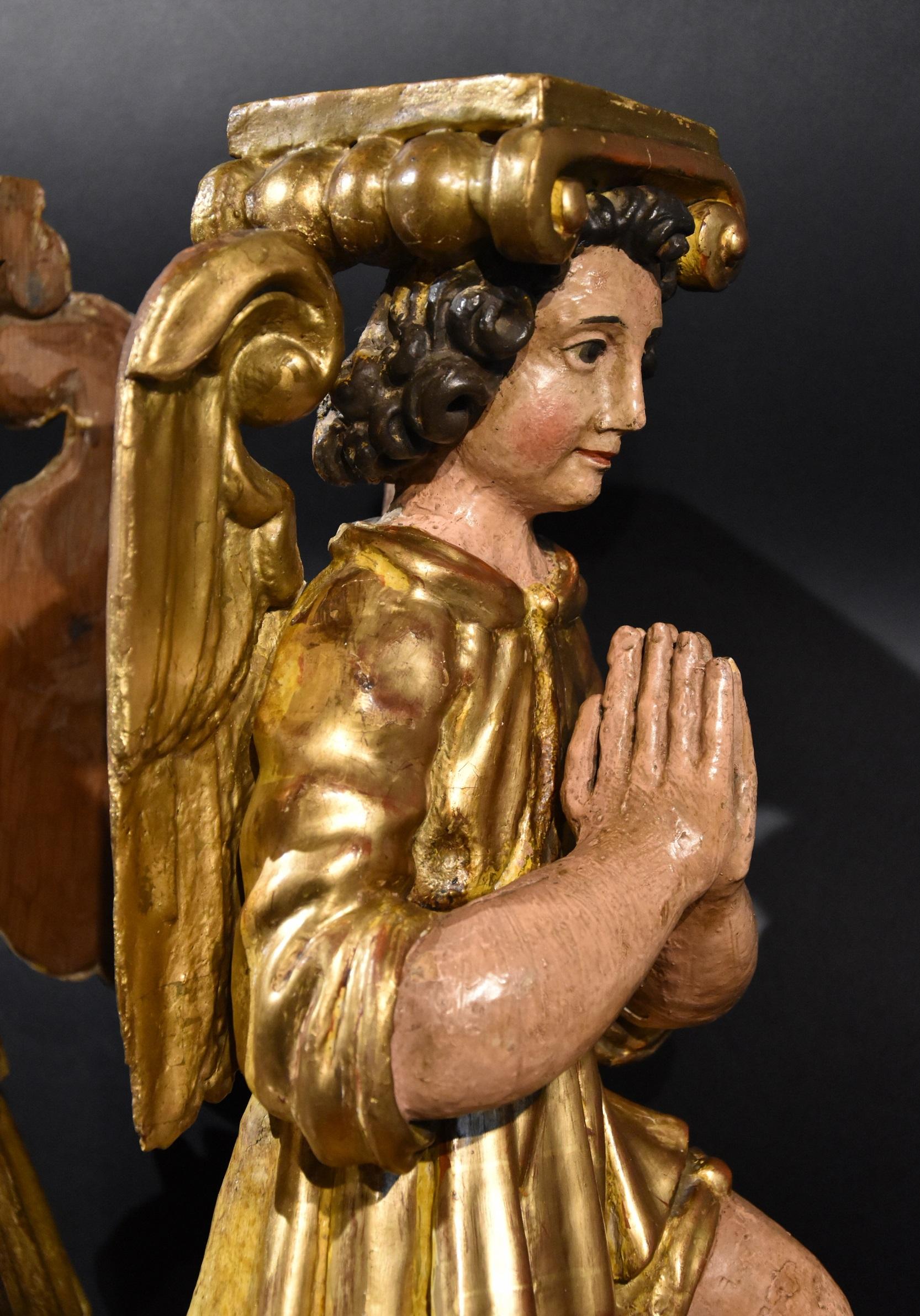 Pair Sculptures Winged Angels Wood Tuscany 17/18th Century Old master Gold Art  For Sale 14