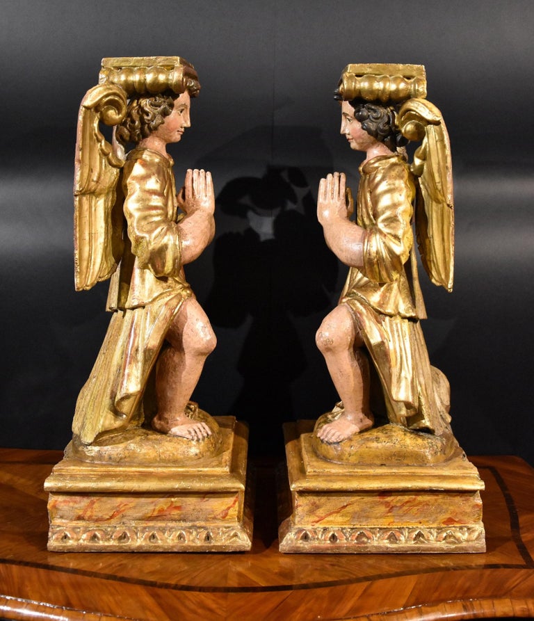 Pair Sculptures Winged Angels Wood Tuscany 17/18th Century Old master Gold Art  For Sale 3