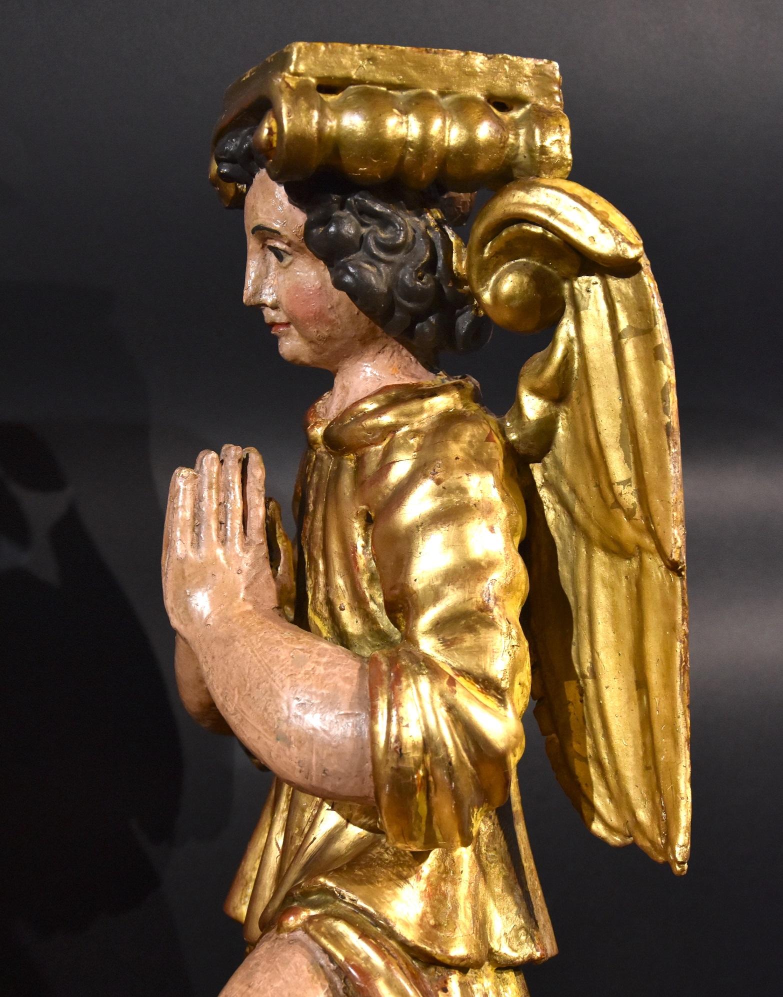 Pair Sculptures Winged Angels Wood Tuscany 17/18th Century Old master Gold Art  For Sale 3