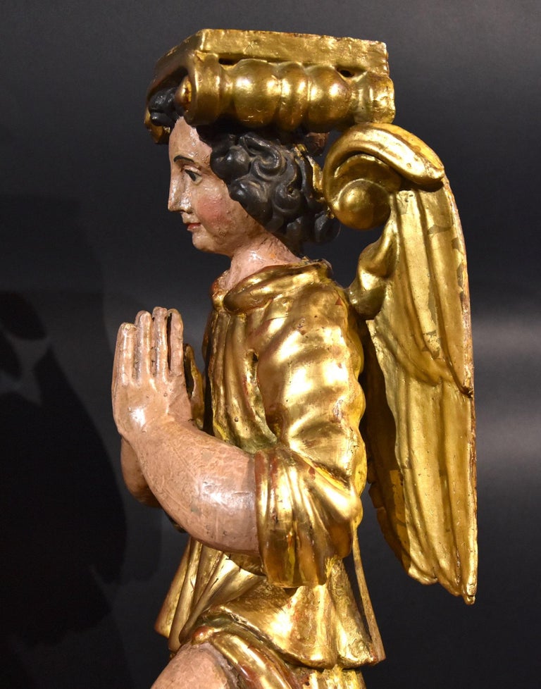 Pair Sculptures Winged Angels Wood Tuscany 17/18th Century Old master Gold Art  For Sale 4