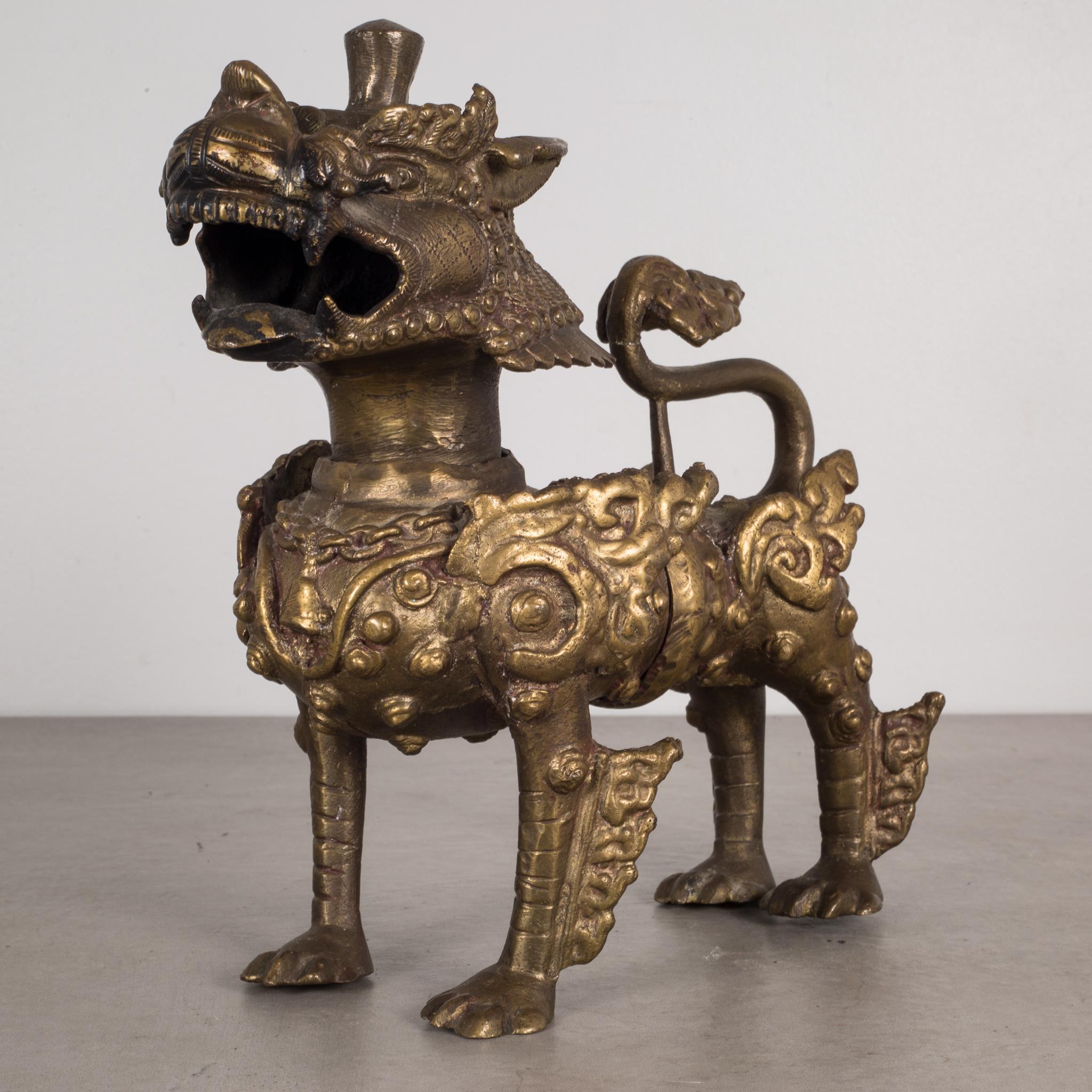 About
A pair of brass temple or Foo dogs. Most likely Cambodian.

Creator Unknown.
Date of manufacture circa 1950-1970.
Materials and techniques brass.
Condition good. Wear consistent with age and use.
Dimensions H 8 in. x W 8.5 in. x D 4.25