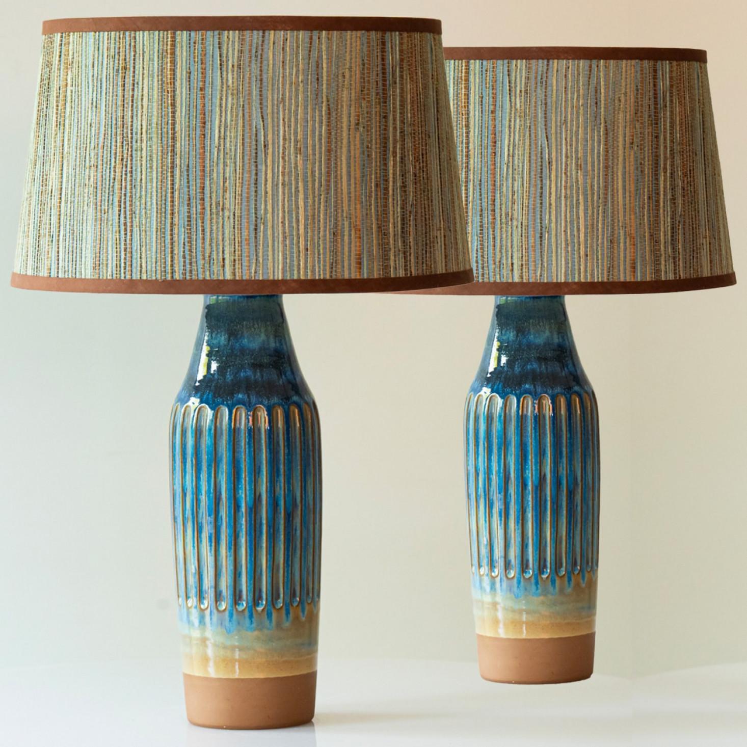 Pair of Sea Blue nd Brown Ceramic Table Lamps, Lampshade by R. Houben in vendita 5