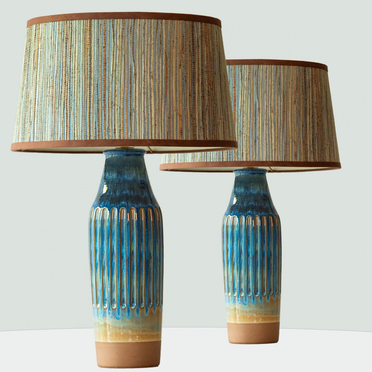 Altro Pair of Sea Blue nd Brown Ceramic Table Lamps, Lampshade by R. Houben in vendita