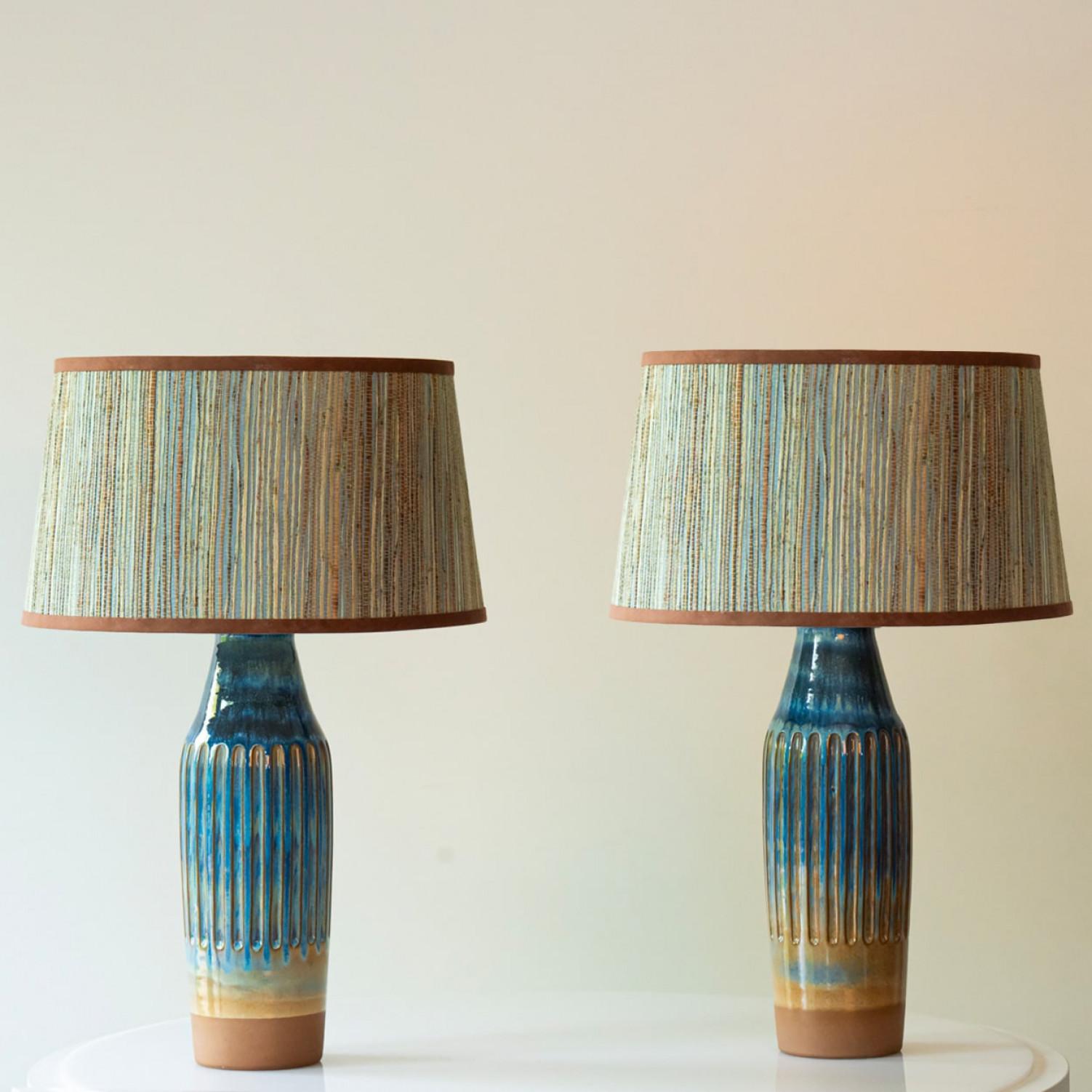 Pair of Sea Blue nd Brown Ceramic Table Lamps, Lampshade by R. Houben In condizioni buone in vendita a Rijssen, NL