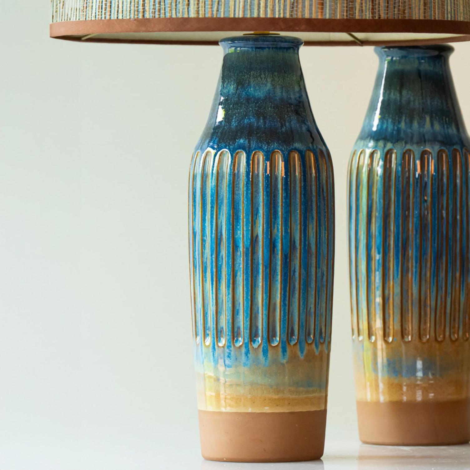Fine XX secolo Pair of Sea Blue nd Brown Ceramic Table Lamps, Lampshade by R. Houben in vendita