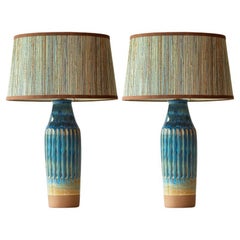 Pair of Sea Blue nd Brown Ceramic Table Lamps, Lampshade by R. Houben