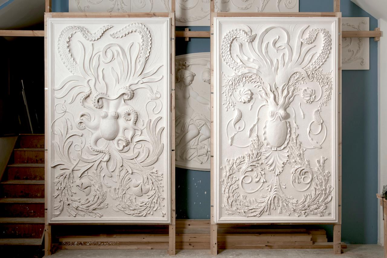 'Sea Garden' panels in plaster by British Master craftsman Geoffrey Preston MBE. The designs for this pair of decorative panels spring from the series of drawings the artist made for the The Goring. These particular designs were not used, so Preston