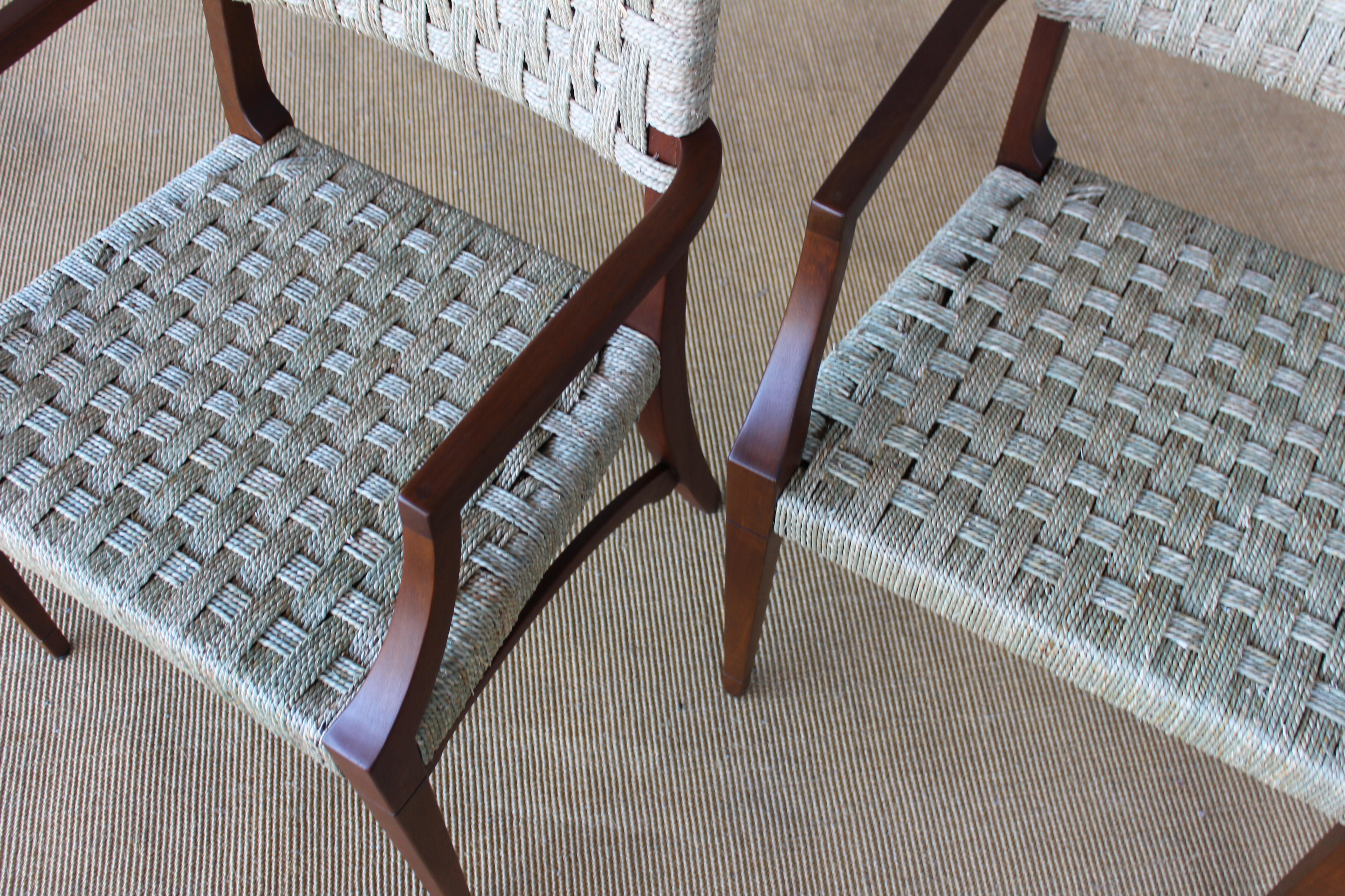 Pair of Sea Grass and Mahogany Armchairs, France, 1950s.  4
