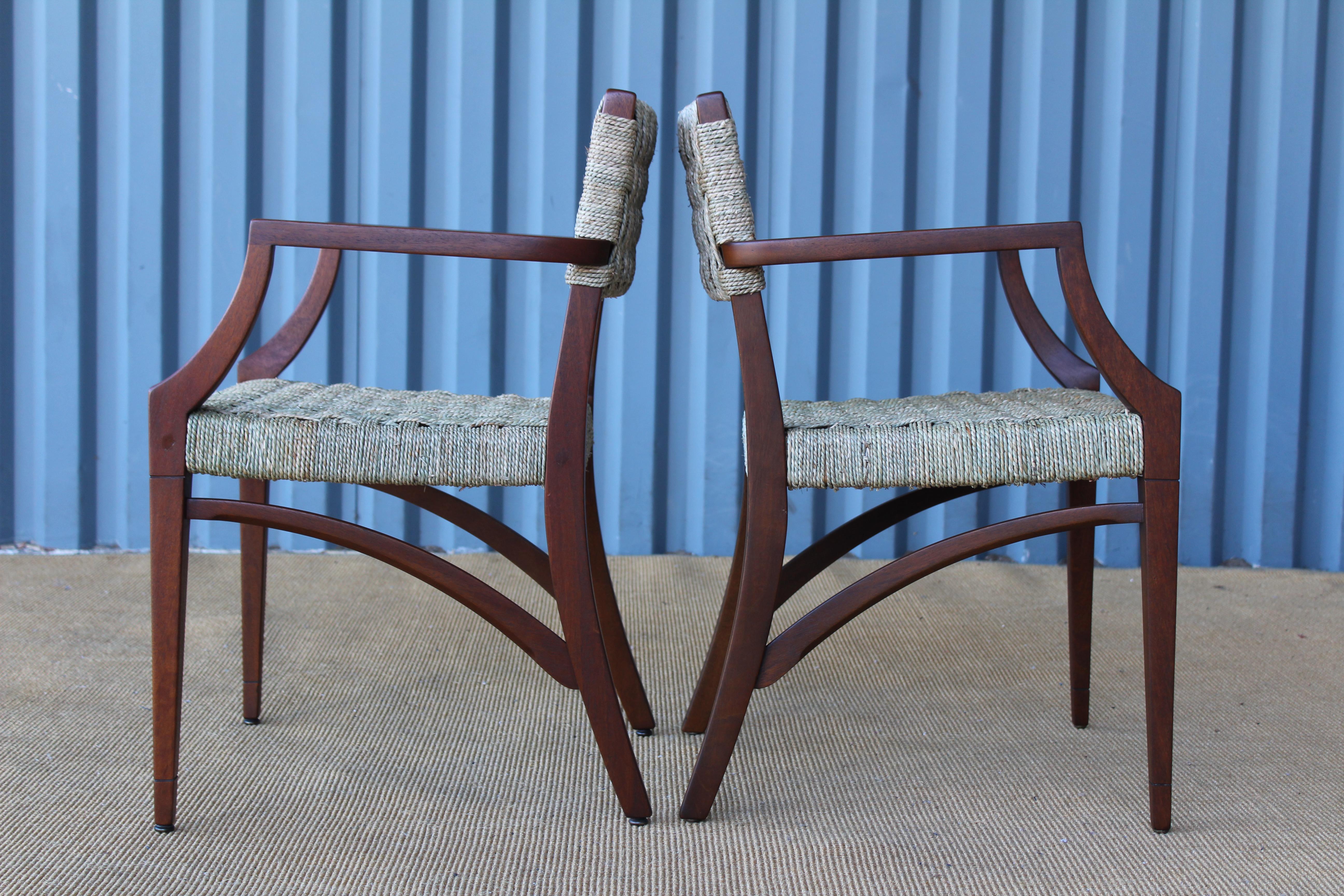 Mid-Century Modern Pair of Sea Grass and Mahogany Armchairs, France, 1950s. 